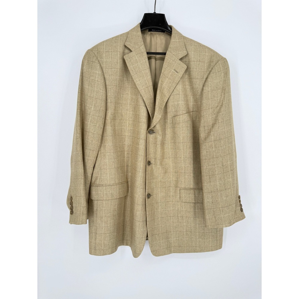Alan Flusser 100% Silk Sport Coat Mens 48R Tan Windowpane Lanificio di Pray EUC